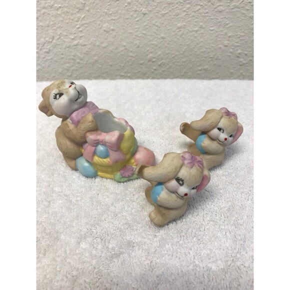 Ceramic Rabbit Egg Basket Two Girls Hold Candle Holder Easter Decor Three Piece - Picture 1 of 4